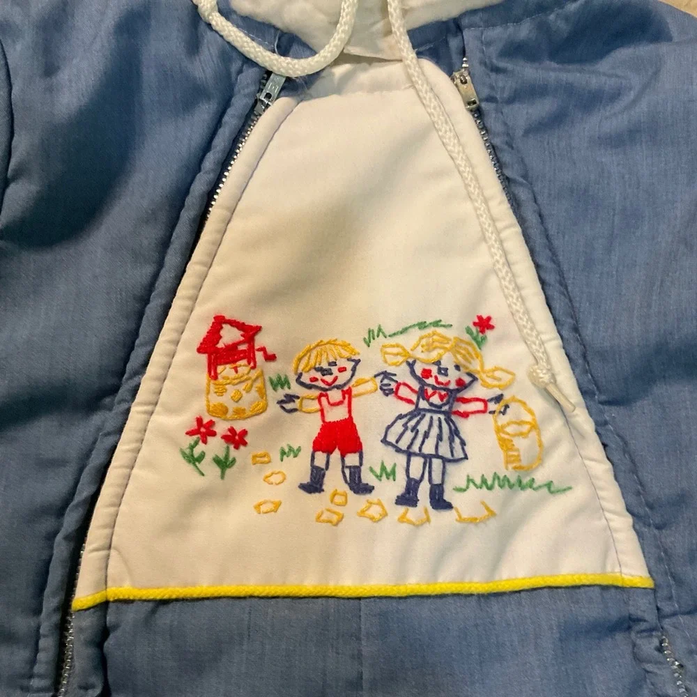 Vintage Snowsuit Baby Bunting Blue Embroidered Hand Foot Covers Removable Hooded